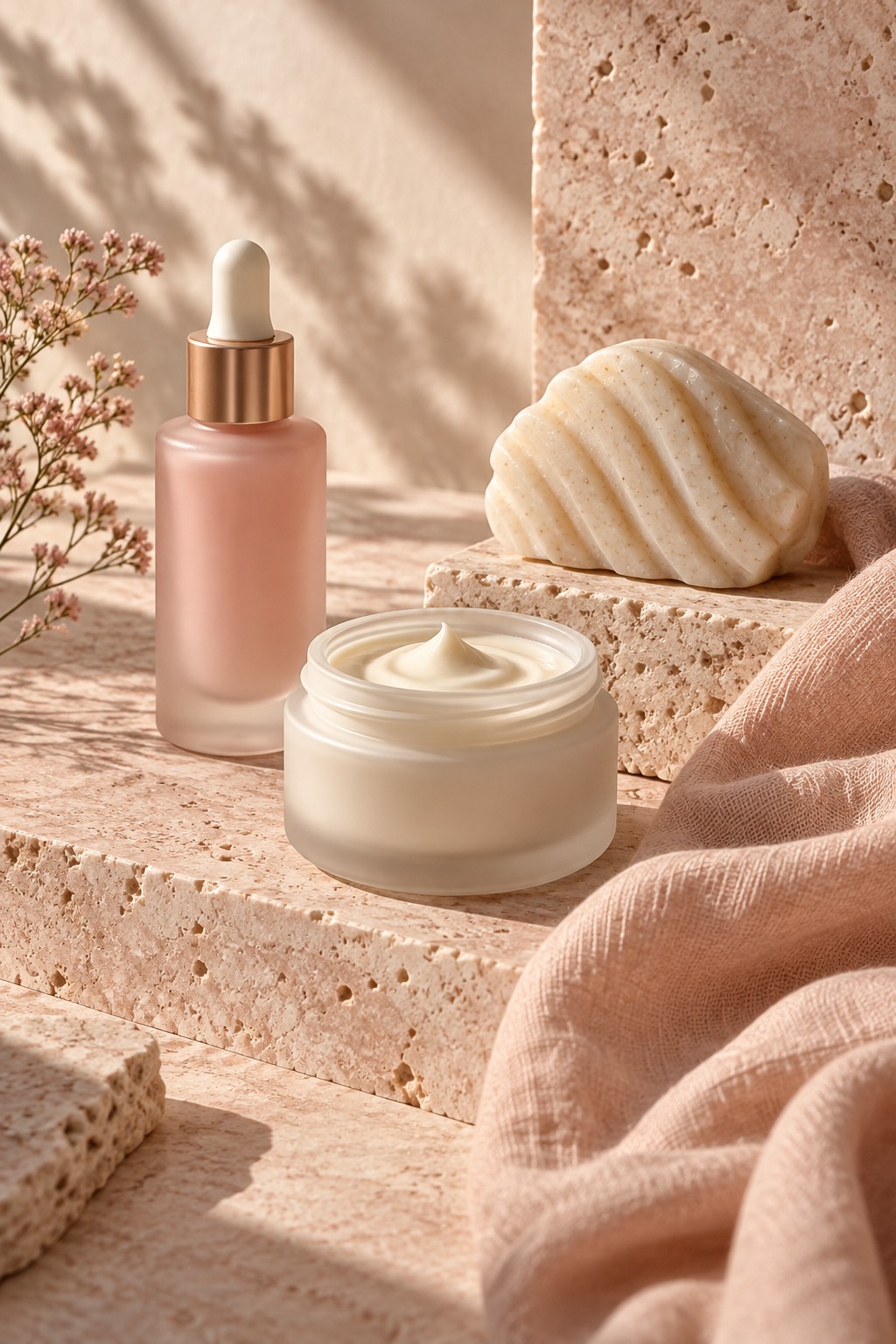 Minimal beauty vessels on rose-toned stone